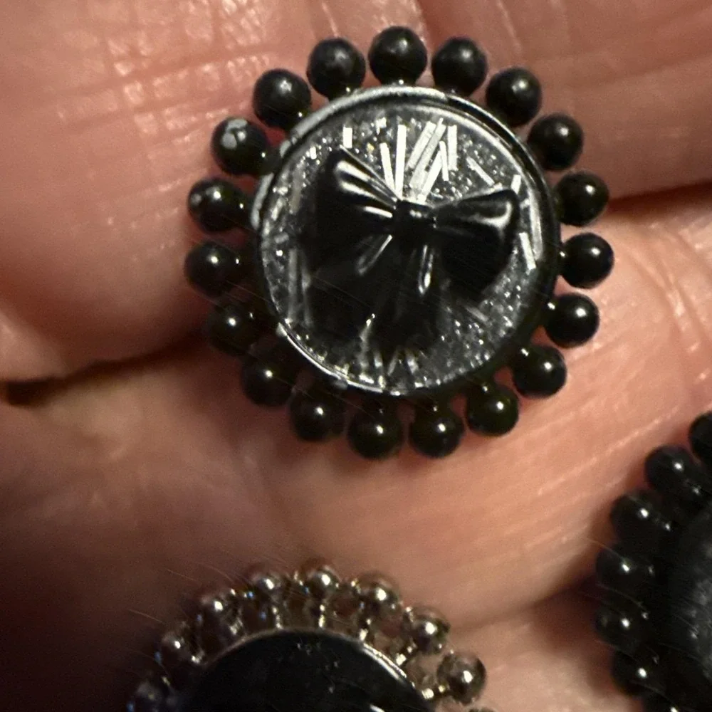 Vintage Incredible Rare GlassPainted Shank Buttons-Heart,Bow&Cross-Black/Silver
